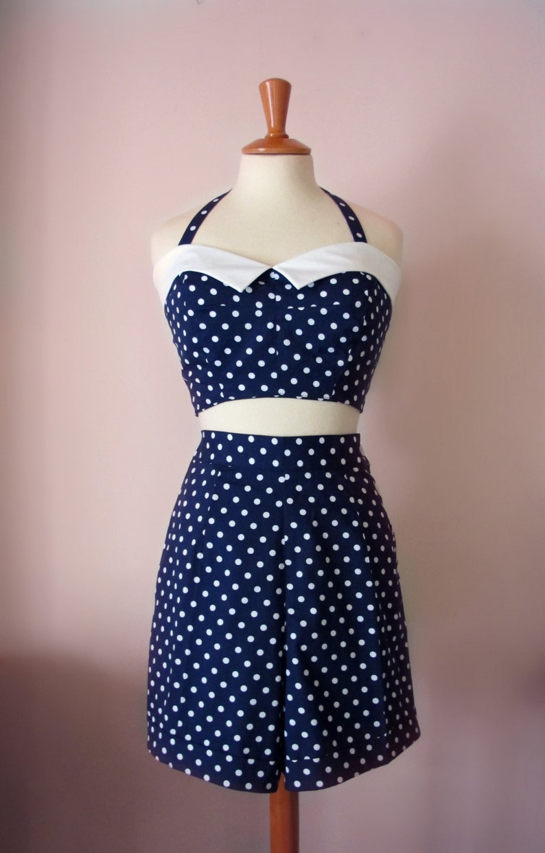 1950s Shorts, Pinup Shorts, Sailor Shorts     Swell Dame 1950s style 2 piece set playsuit high waisted polka dot shorts & bustier top Many  colors All sizes  AT vintagedancer.com