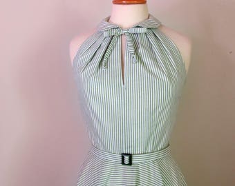 Vestido de los años 50 halter peter pan collar círculo falda vestido disponible en colores sólidos, rayas, lunares o gingham
