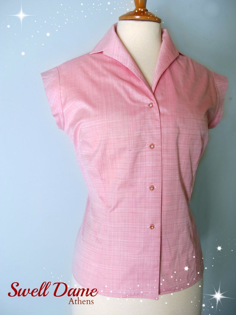 1950s Tops and Blouse Styles | 50s Fashion History Swell Dame 1950s blouse shirt in many colorsfabricsprints All sizes Made to order $69.28 AT vintagedancer.com