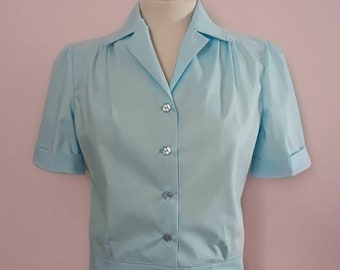 READY TO SHIP Swell Dame custom-made 1940s repro vintage style cropped blouse shirt in light blue bust waist