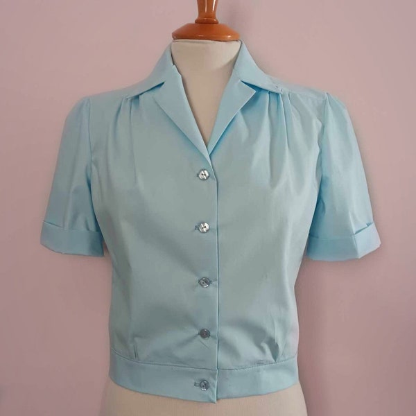 READY TO SHIP Swell Dame custom-made 1940s repro vintage style cropped blouse shirt in light blue bust waist