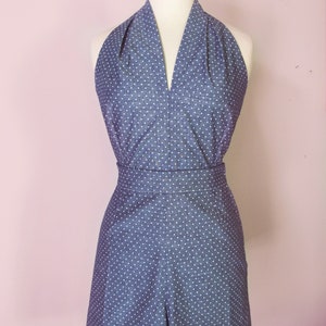 Swell Dame 1950s repro 2 piece playsuit shorts/ halter top with lightweight denim fabric with polka dots