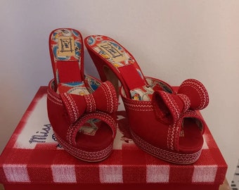 Miss L Fire LOLA retro pin-up style suede red mules in red, size EU 37/US7