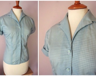 Custom-Made Swell Dame Short Sleeve Button Down Shirt Blouse with notched collar 1950s Repro Vintage