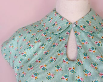 1950s style blouse with peter pan collar Polka Dot,Stripes,Eyelet,Gingham,Solid Colors,Florals etc