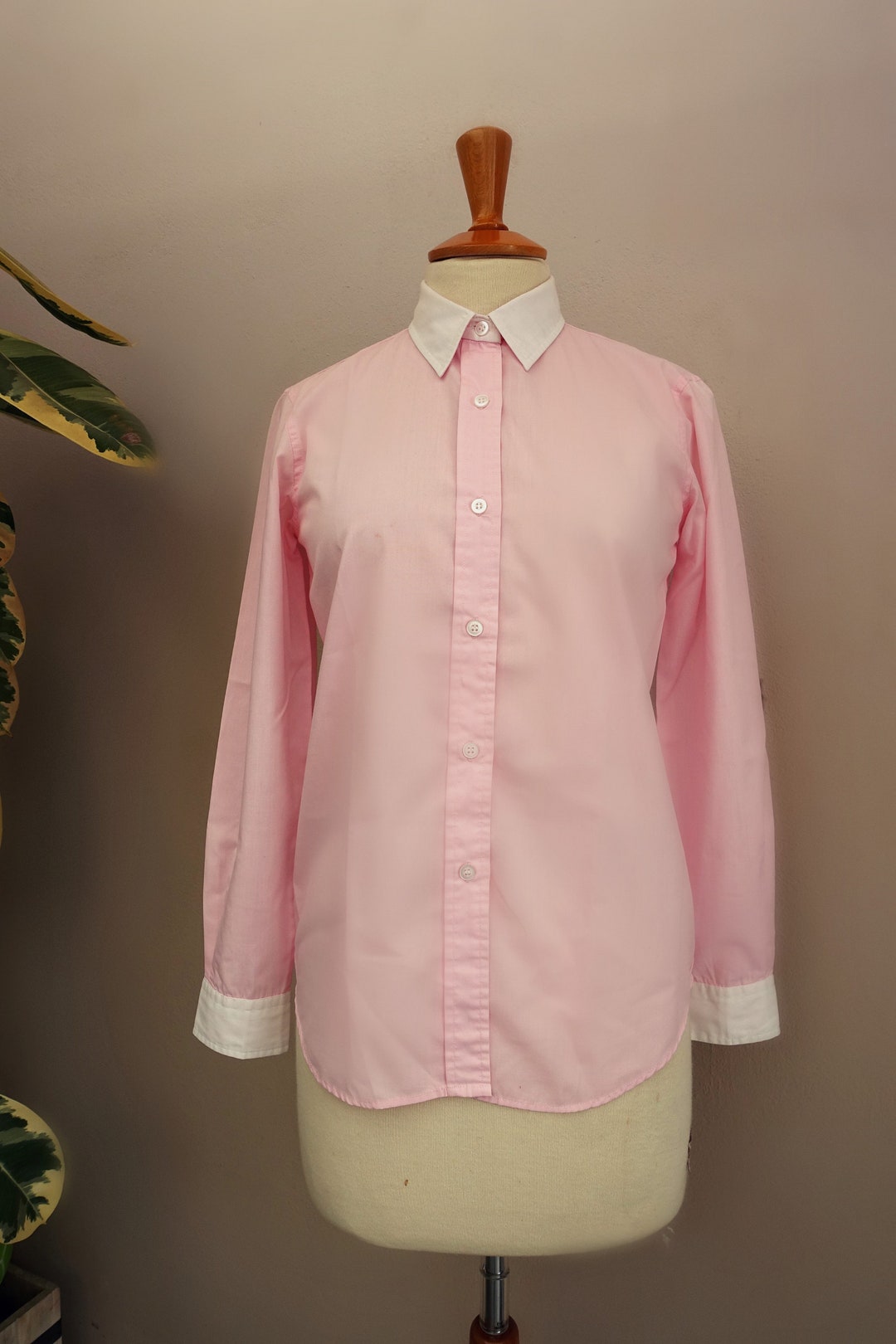 Vintage Button Down Shirt Blouse Pastel Pink With White Collar Etsy