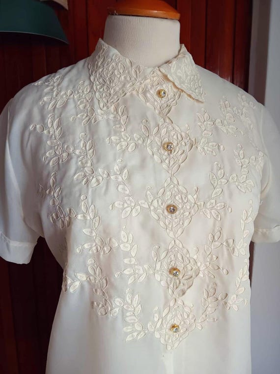 Vintage 1950s 1960s nylon short-sleeve sheer blouse shirt S/M