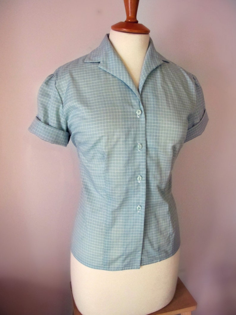 50s Shirts & Tops | 1950s Blouses & Knitwear     Custom-Made Swell Dame Short Sleeve Button Down Shirt Blouse with notched collar 1950s Repro Vintage  AT vintagedancer.com