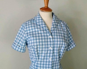 Custom-Made Swell Dame Short Sleeve Button Down Shirt Blouse with notched collar 1950s Repro Vintage