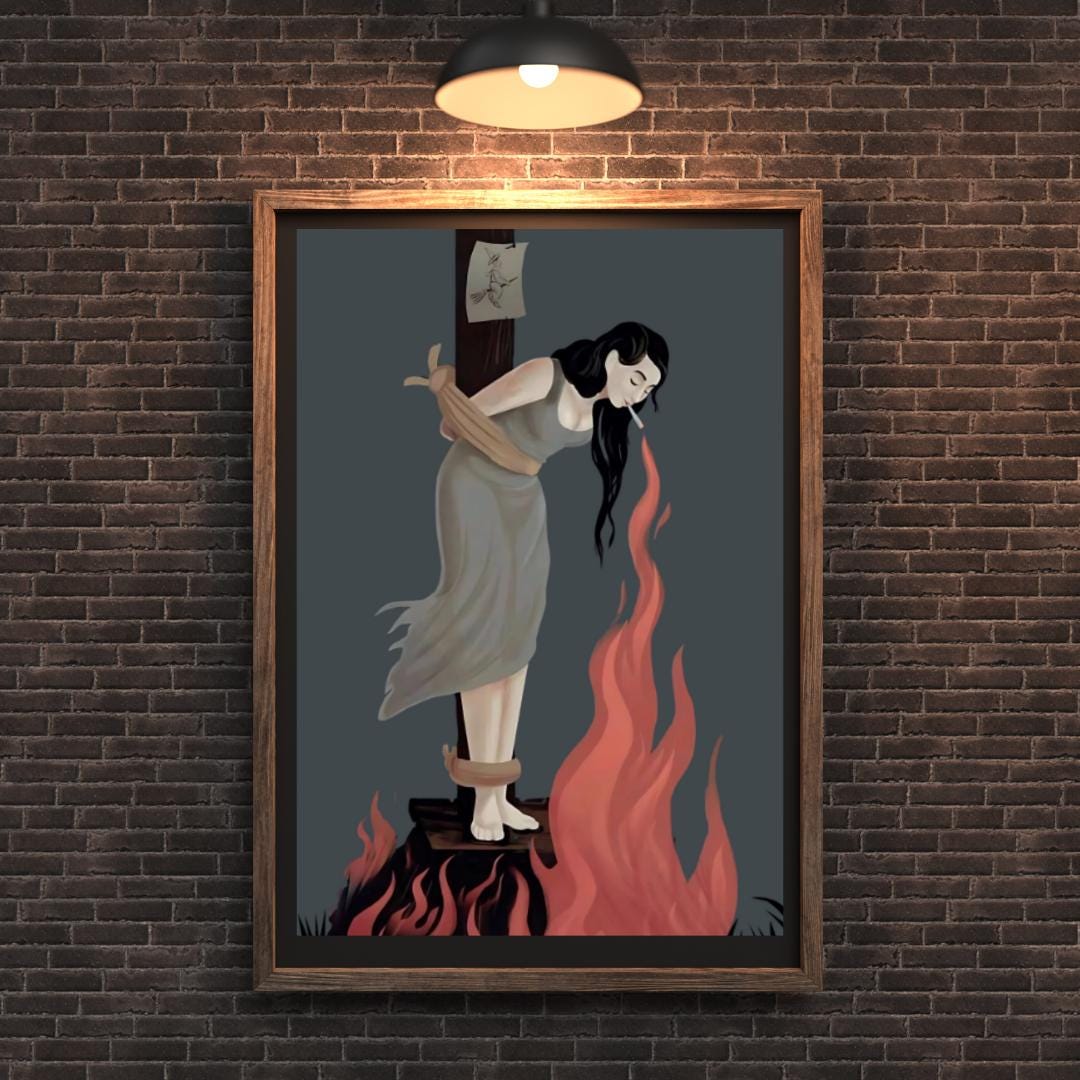 Witch Burning Art Print – Feminist Wall Decor – Dark Retro Woman Illustration – Surreal Gothic Artwork – Empowerment Statement Poster