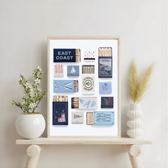 East Coast Matchbox Wall Art, New England Coastal Decor, Nautical Fishing Snowboarding Lobster Lighthouse Print, Boston Wall Art