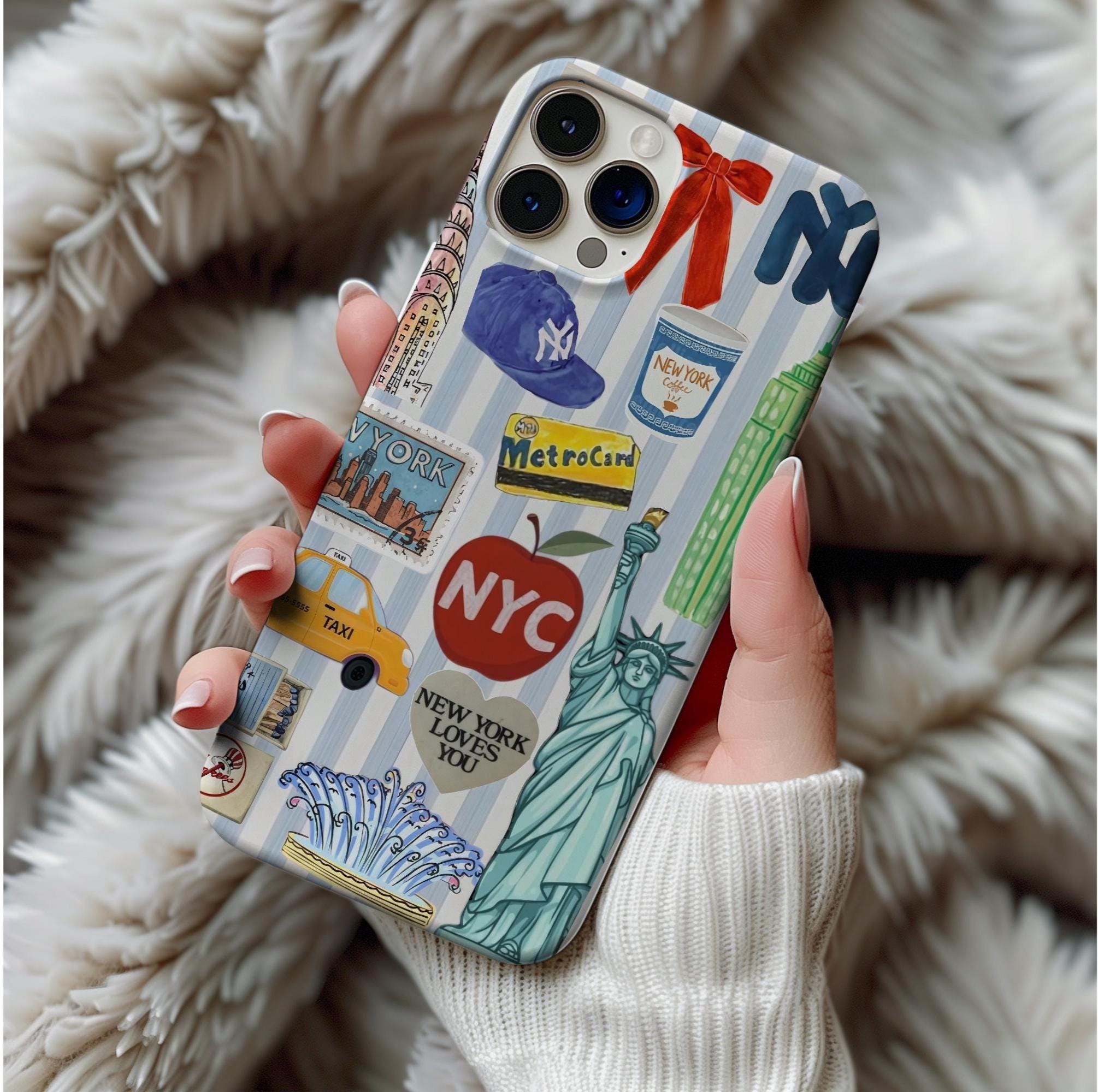 New York City Collage Phone Case – NYC Landmark iPhone Case – Cute Illustrated NY Icons – Aesthetic Big Apple Case – Illustration Design
