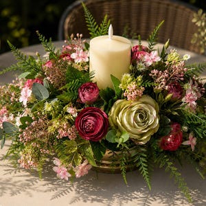 May include: A floral centrepiece featuring a central cream-coloured pillar candle surrounded by deep red and pale green roses, small pink blossoms, and green fern foliage arranged in a low, circular container on a round table surface.