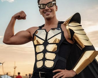 Traje de guerrero cósmico para hombre: ropa futurista dorada para festivales Burning Man, armadura cyberpunk y conjunto de disfraces de lujo para rave.