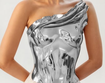 Exclusive Chrome Corset Top – Handmade Female Armor Bustier for Red Carpet Wear, Fashion Overbust, Metallic Corset, Body Chest Plate Silver