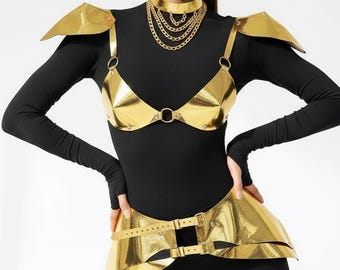 Women's Dance Costume Set – Golden Glossy Leather Outfit Showgirl