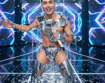 Set di costumi metallici da uomo: abito futuristico argentato per esibizioni sul palco, abbigliamento esclusivo per cantante