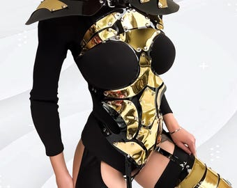 Cosmic Armor Costume Set – Futuristic Bodysuit & Shoulders Leg Covers for Cosplay, Glaxy Wear for Performance Outfit Black and Gold