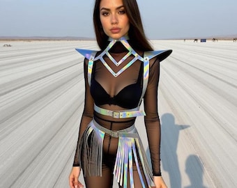 Holographic Harness Set Top & Skirt, Futuristic Outfit for Rave Festivals, Iridescent Costume for Women, Burning man Wear