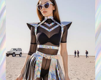 Holographic Rave Costume set Top & Skirt, Iridescent Party Wear, Leather Fringe Outfit for Women, Festival Harness, Burning man Clothing