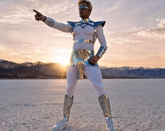 Men's Cosmic Costume Set – Silver Alien Outfit, Futuristic Clothing for Festival Burning man, Cyber Punk Galaxy Warrior Wear Rave Theme Set