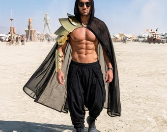 Desert Warrior Men's Costume – Burning Man Gold Armor Outfit, Rave Festival Fashion, Steampunk Leather Shoulders & Arm, Futuristic Dune Wear