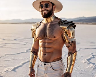 Luxury Men's Festival Armor Outfit – Golden Leather Shoulders, Fashion Rave Wear for Burning man, Cyborg Arm Covers, Robot Hands Costume