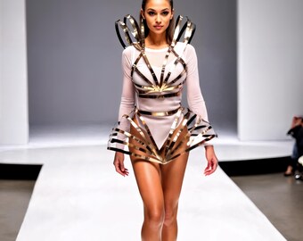 slim fit dress slacks Gold Metallic Long Sleeve Gown With Bow main image 1