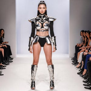 Op de afbeelding: Een futuristische zilver-zwarte outfit, met een metalen borstplaat, schouderstukken en kniehoge laarzen. De set bevat een zwarte bodysuit en riem, wat een opvallend contrast creëert. Het model staat op een witte catwalk.