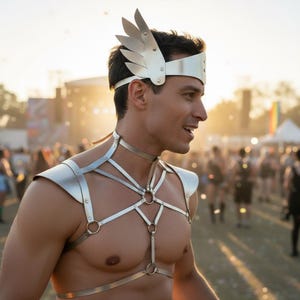 May include: A silver-colored headpiece with wing accents and a matching harness. The harness features shoulder pieces, a chest strap, and connecting rings. The person is smiling, and the background is blurred with other people.