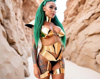 Golden Armour Lingerie Set – futuristisches Festival-Kostüm, Metallic Galaxy Wear, glamouröse Kriegerin-Kleidung, kosmischer Rave-Look