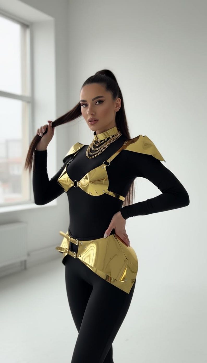 Set di costumi in pelle dorata - Lingerie futuristica per festival, abito metallico da palco, abbigliamento da rave per Burning Man, abbigliamento cosplay cosmico da donna immagine 3
