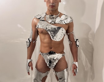 Men's Silver Armored Costume Set – Chrome Robot Outfit, Futuristic Armor for Festival Burning man, Cyber Punk Warrior Wear