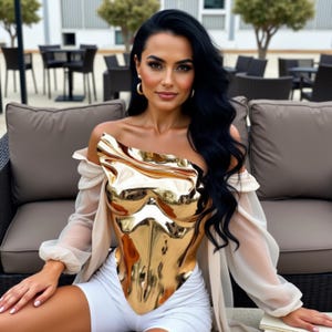Top metallizzato oro alla moda - Bustino in acrilico fatto a mano per abbigliamento da red carpet, corsetto scultoreo alla moda, pettorina per il corpo femminile