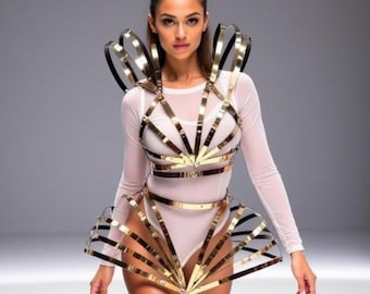Gold Metallic Dress for Stage Show, Carnival Costume set, Glam Futuristic Outfit