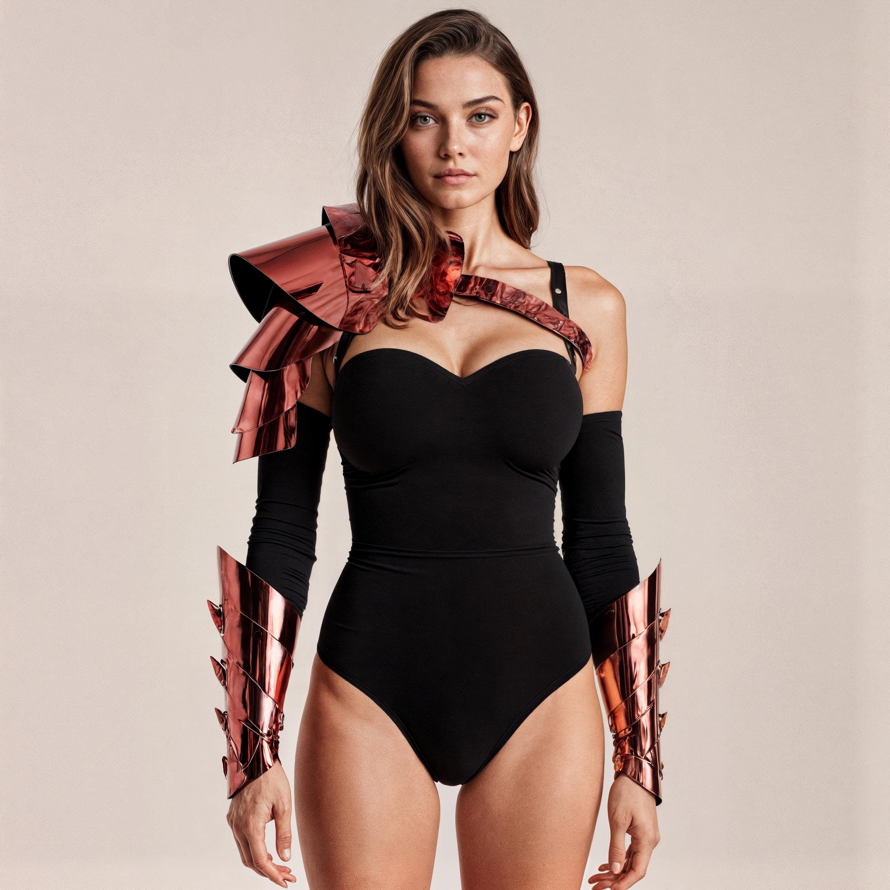 Red Glossy Leather Armor Costume Set โ Shoulder & Arm Bracelets, Futuristic Outfit for Festival Burning man, Fashion Cyber Punk Warrior Wear