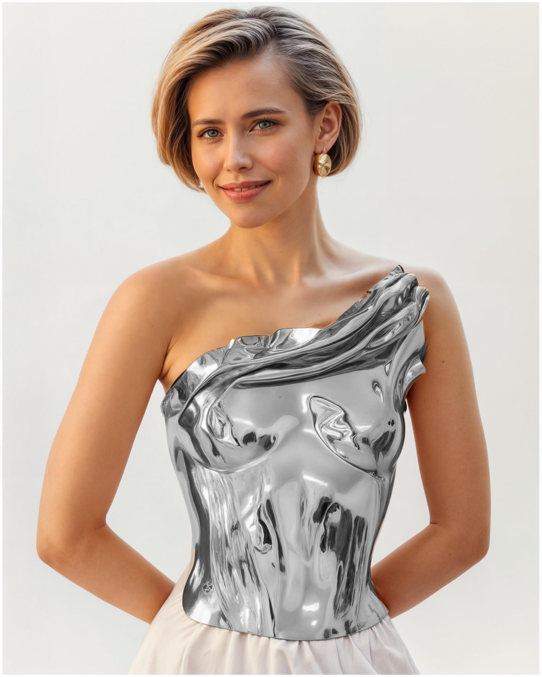 chrome corset dress Nicoletta Silver Glossy Pleated Corset Maxi Dress