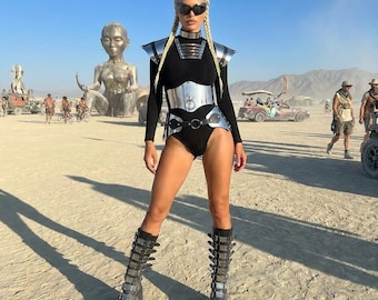 Chrome Futuristic Costume Set, Metallic Burning man Outfit, Silver Rave Armor Wear