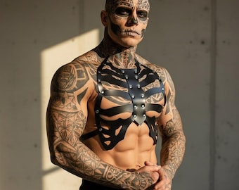 Men’s Gothic Skeleton Chest Harness – Black Rib Cage Armor Top, Black Leather Costume for Halloween, Festival & Cosplay Outfit