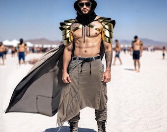 Desert Warrior Armour Outfit – Golden Leather Shoulders, Futuristic Armor for Festival Burning man, Apocalyptic Clothing Cyber Punk Wear