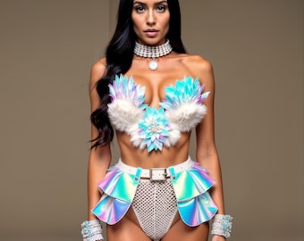 Abbigliamento olografico da festival per donna, top e gonna iridescenti da rave, abbigliamento con piume uniche, completo da ballerina, abbigliamento per feste sul palco