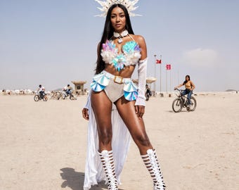 Holographic Top with Feathers & Skirt, Futuristic Outfit for Rave Festival, Women's Iridescent Costume Set, Burning man Clothing, Party Wear