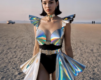 Holographic Top with Shoulders & Skirt, Futuristic Outfit for Rave Festivals, Iridescent Harness Set for Women, Burning man Wear