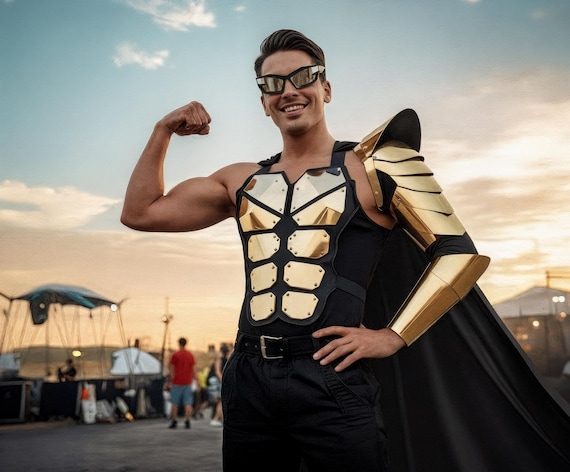 Men's Cosmic Warrior Outfit - Gold Futuristic Clothing for Festival Burning man, Cyber Punk Armor Wear, Luxury Rave Theme Costume Set