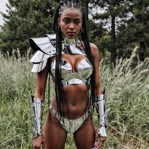 May include: A silver metallic armor set, including a chest piece, shoulder guards, arm cuffs, and a brief. The armor is highly reflective, with a polished finish. The model is standing in a natural outdoor setting with tall grass and trees.