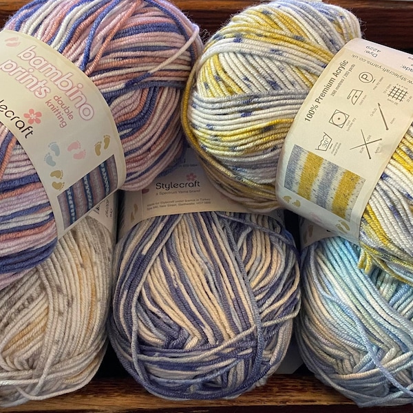 DESTASH Lot of 2 Stylecraft BAMBINO PRINTS Baby Anti pilling Soft Yarn assorted light 3 dk acrylic 3.5 ounces 100 gram balls 293 yards