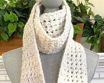 Handmade Crochet Chunky Long Skinny Scarf White Gray Acrylic Yarn 4.5" x 84"