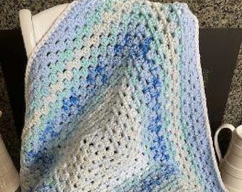 Crochet handmade GRANNY SQUARE Baby Child Toddler blanket afghan wrap lap multi pastel blue aqua unisex soft 28" x 28"