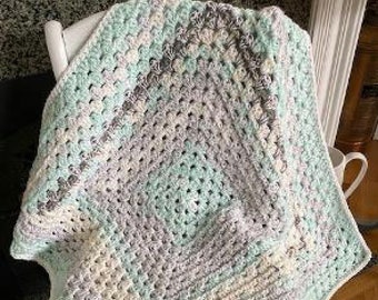 Crochet handmade GRANNY SQUARE Baby Child Toddler blanket afghan wrap lap multi pastel mint green gray soft 29" x 29"