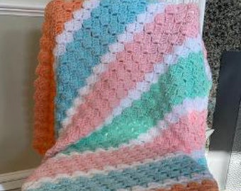 Crochet handmade baby toddler child  blanket afghan wrap stripes pastels multicolor rainbow